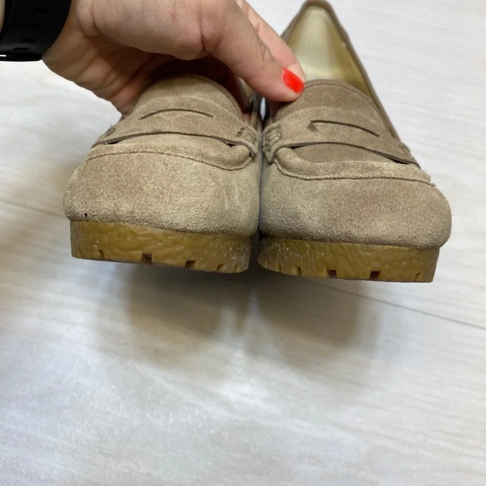 Michael Michael Kors Tan Suede Penny Loafer Wedge Heels Lug Sole‎ Womens 7.5M
